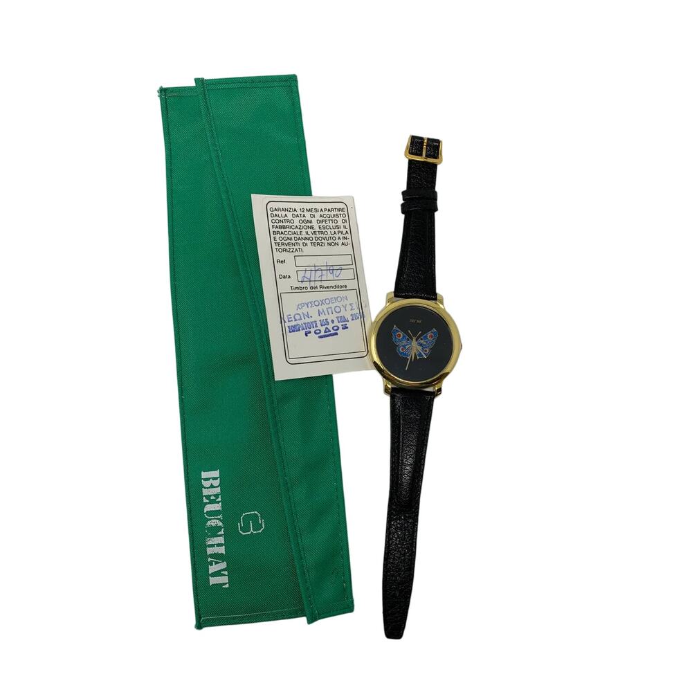 Vintage 1990's Try Me Vintage Butterfly Watch By Beuchat Gold Tone Black Band